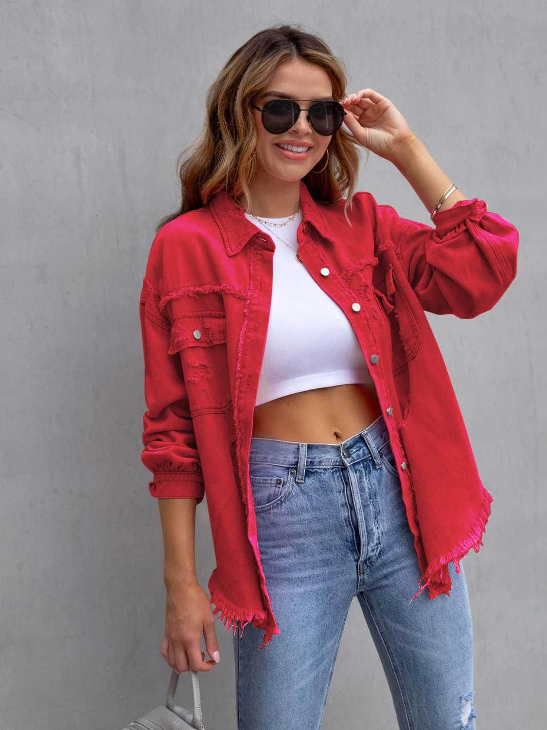 Distressed Drop Shoulder Denim Jacket - Delanoir