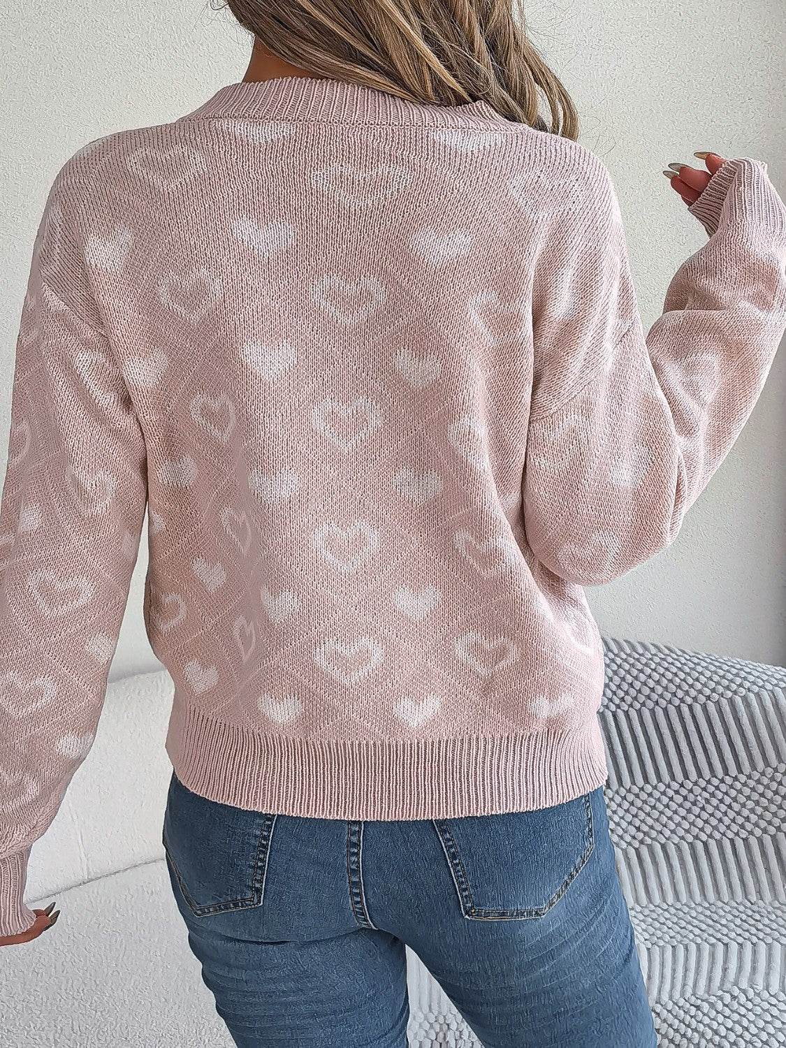 Heart Pattern V-Neck Long Sleeve Sweater - Delanoir