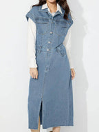 Slit Half Button Collared Neck Cap Sleeve Denim Dress - Delanoir