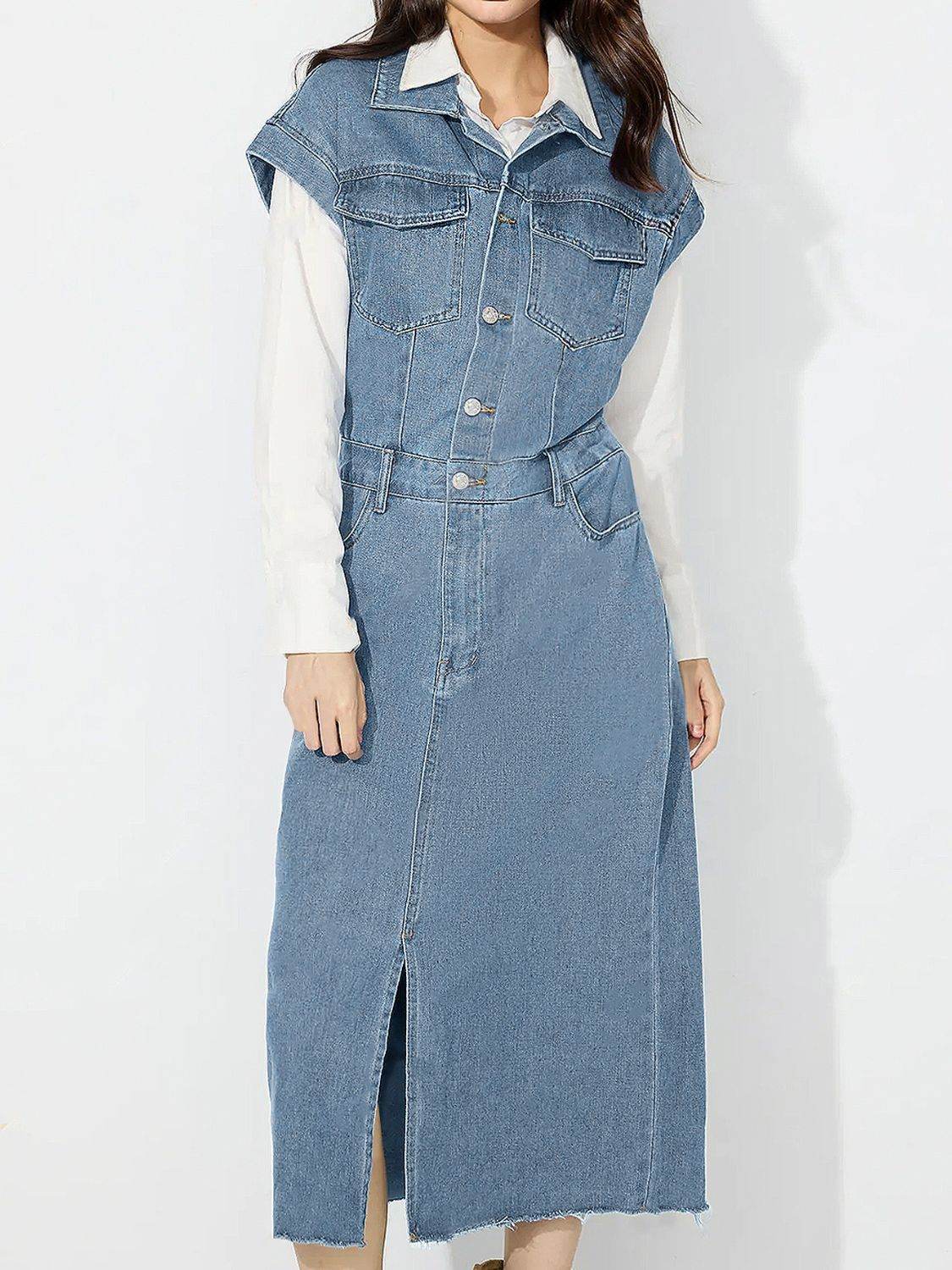 Slit Half Button Collared Neck Cap Sleeve Denim Dress - Delanoir