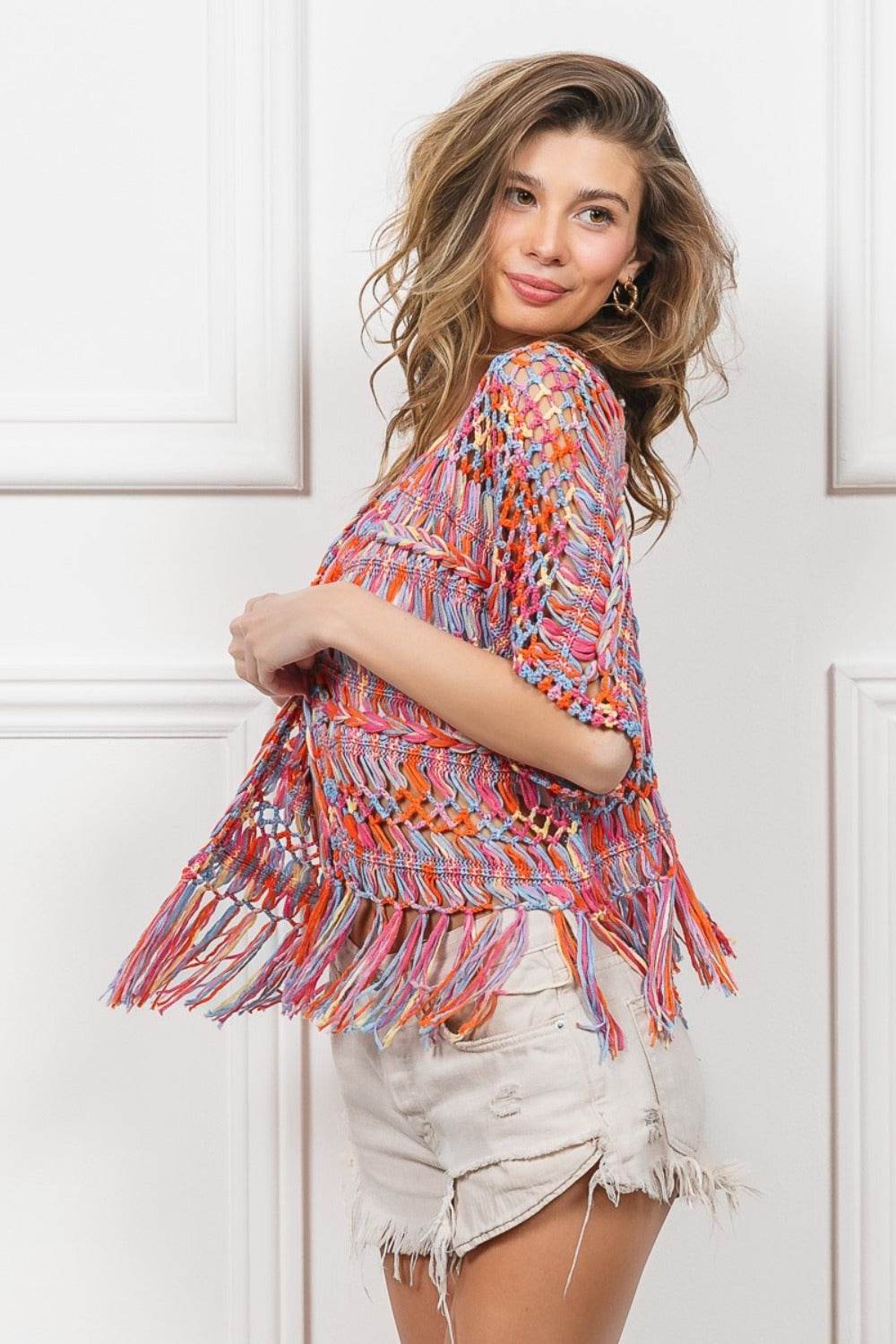 BiBi Open Front Fringed Crop Knit Cardigan - Delanoir