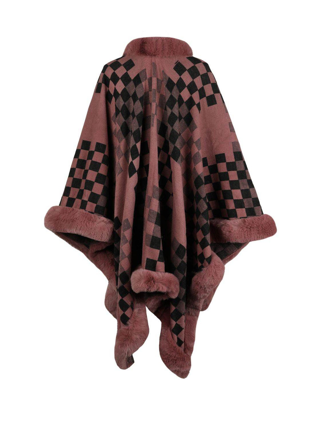 Checkered Faux Fur Trim Poncho - Delanoir