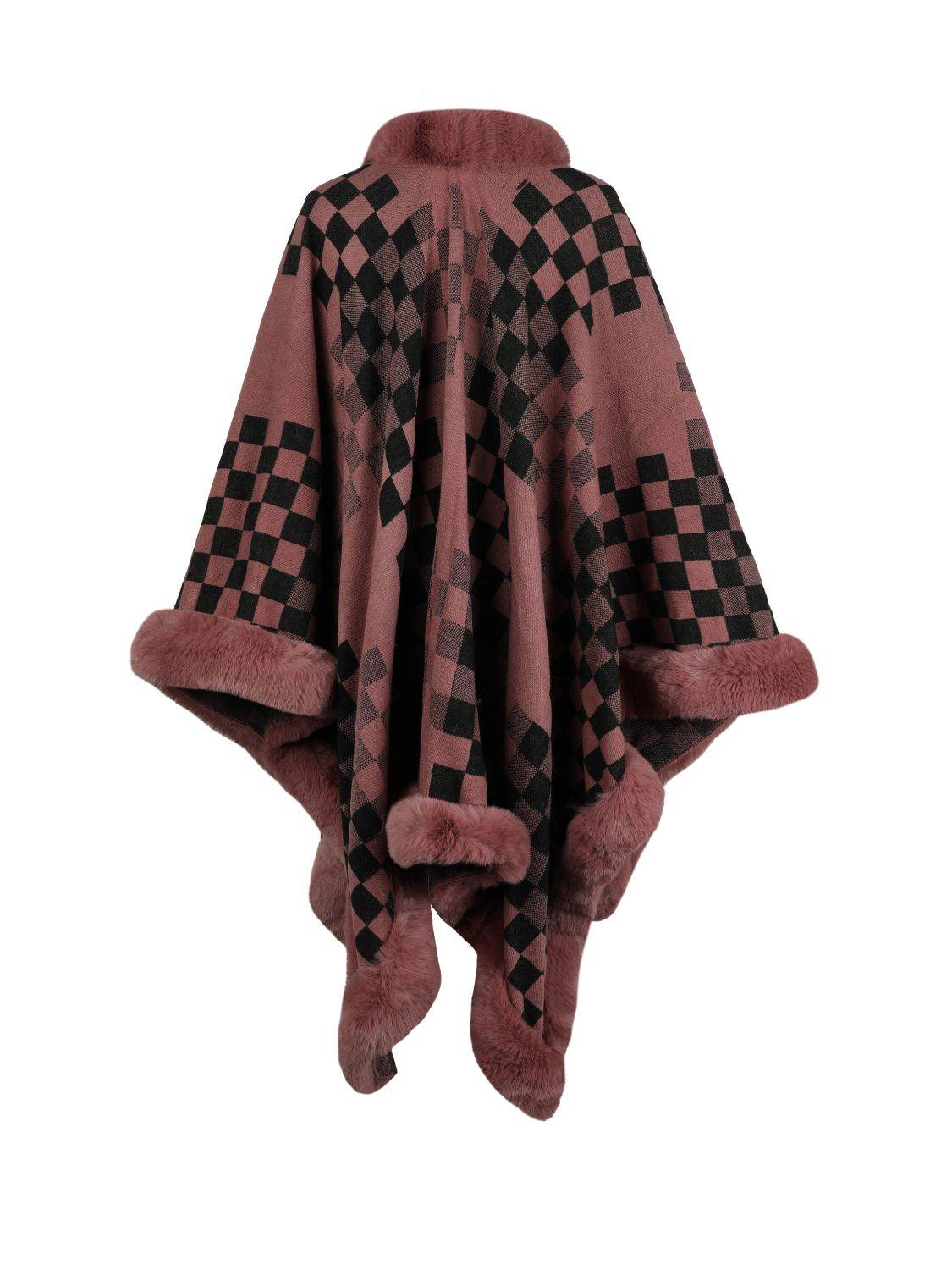 Checkered Faux Fur Trim Poncho - Delanoir