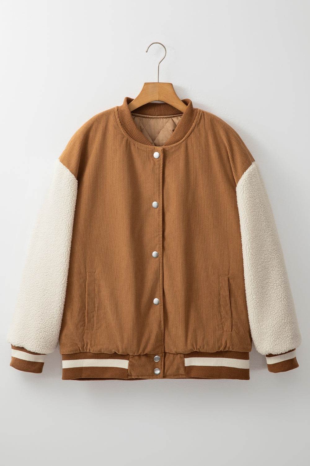 Contrast Baseball Collar Snap Down Long Sleeve Jacket - Delanoir