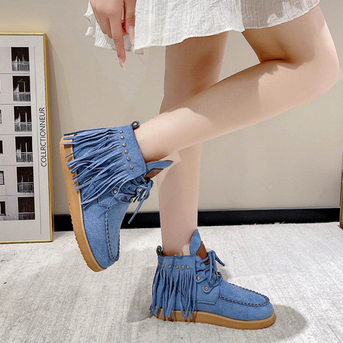 Fringe Studded Round Toe Canvas Boots - Delanoir