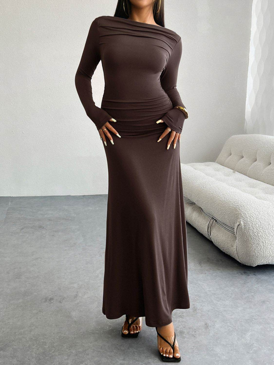 Devine Ruched Long Sleeve Maxi Dress - Delanoir