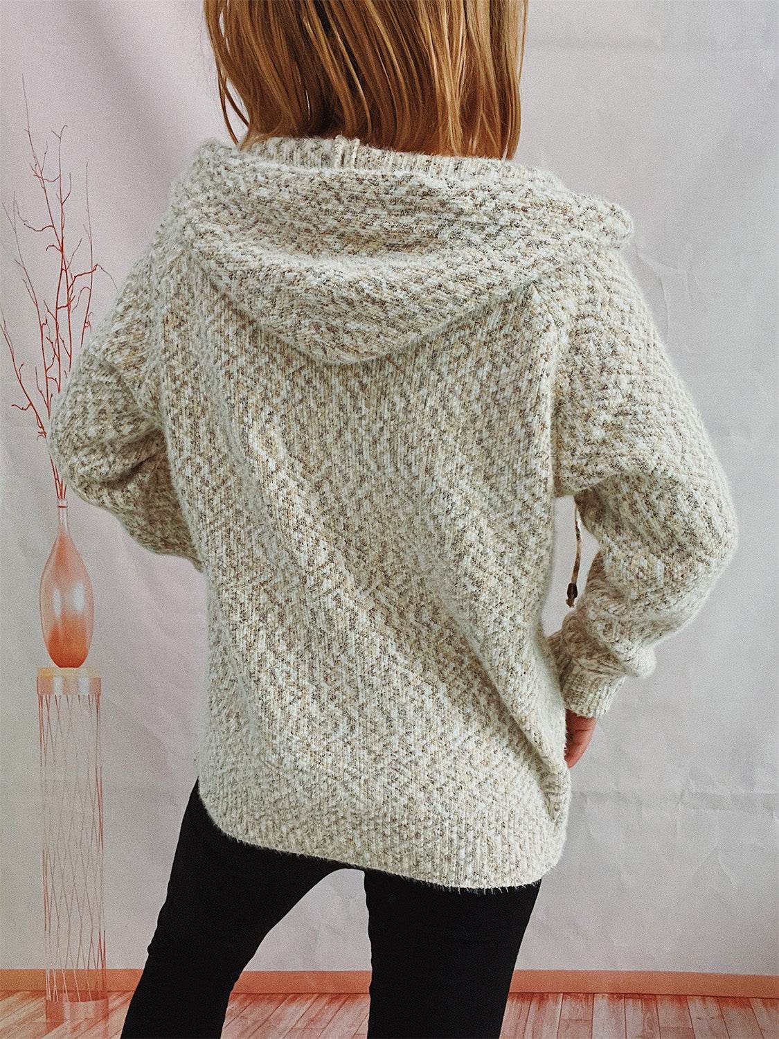 Zip Up Drawstring Long Sleeve Hooded Sweater - Delanoir