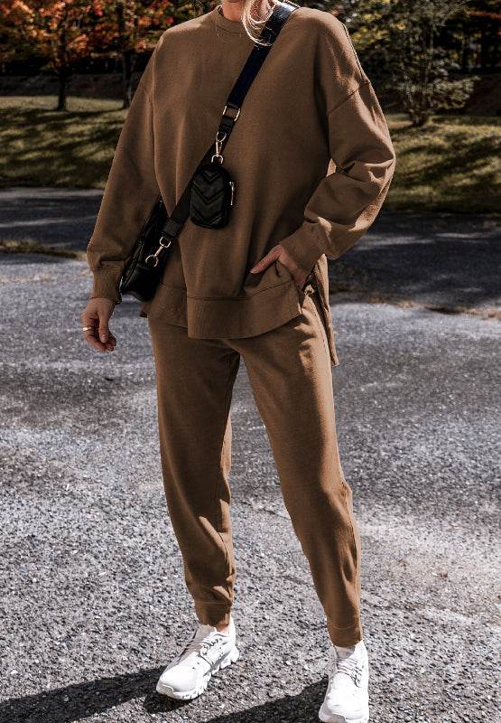 Side Slit Round Neck Long Sleeve Top and Pants Set - Delanoir