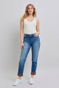 Judy Blue Full Size Plaid Print Cuff Straight Leg Jeans with Pockets - Delanoir