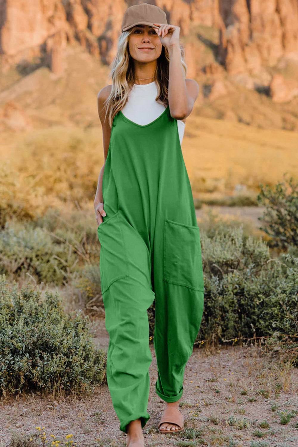 Double Take Full Size V-Neck Sleeveless Jumpsuit with Pockets - Delanoir
