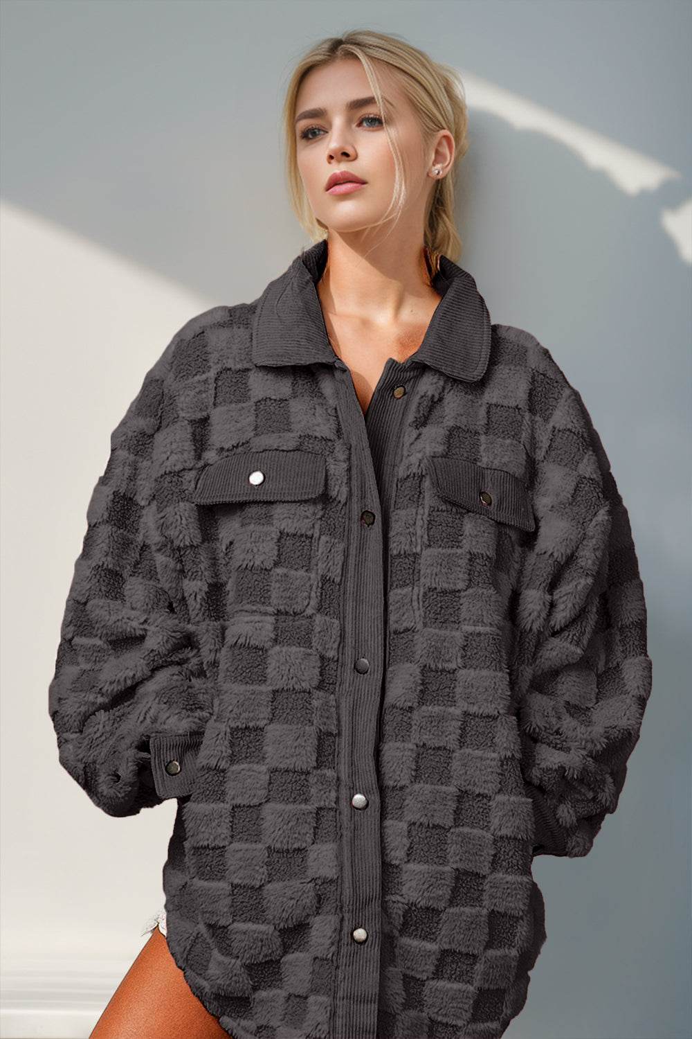 Double Take Button Up Fuzzy Checkered Shacket - Delanoir