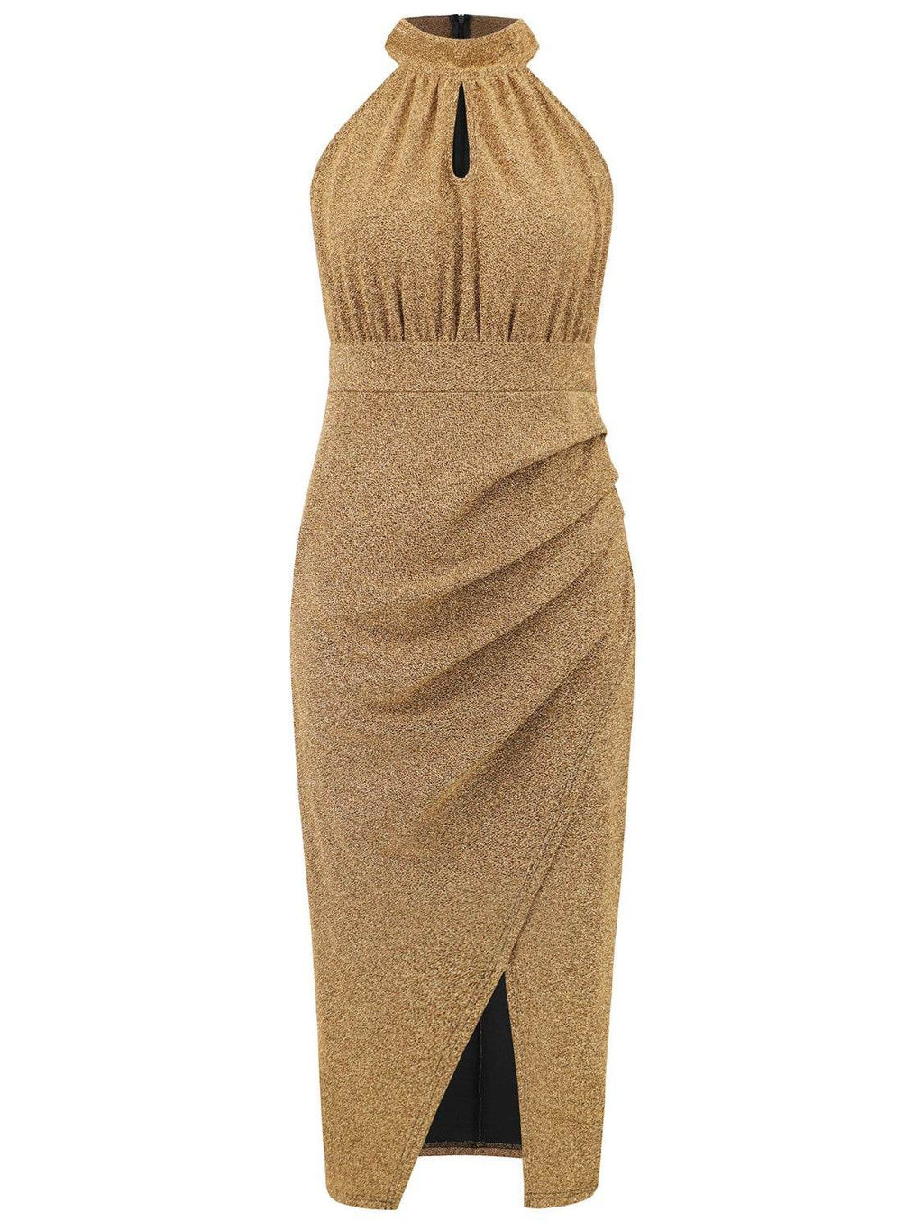Slit Ruched Mock Neck Sleeveless Dress - Delanoir