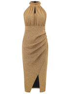 Slit Ruched Mock Neck Sleeveless Dress - Delanoir