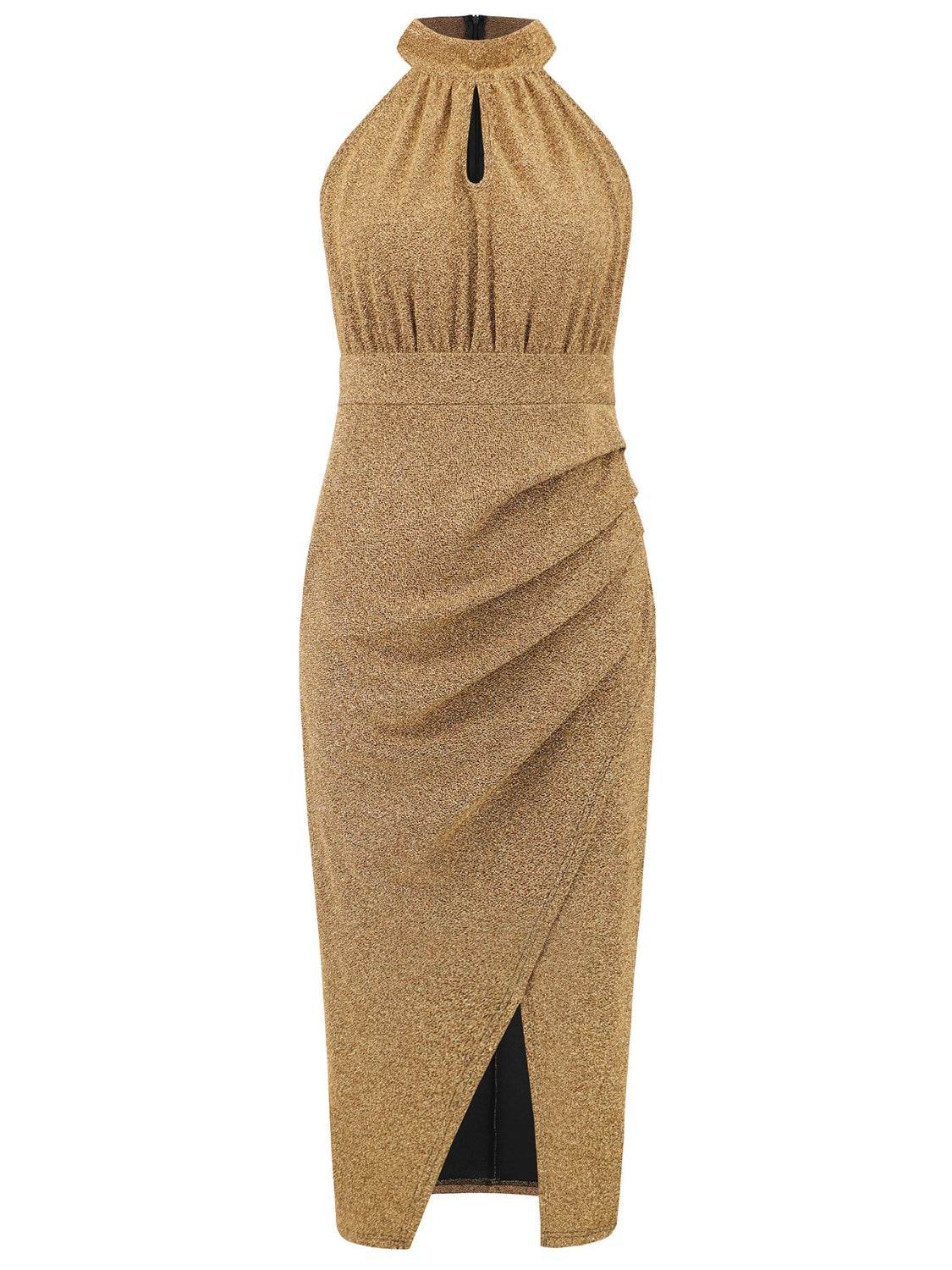 Slit Ruched Mock Neck Sleeveless Dress - Delanoir
