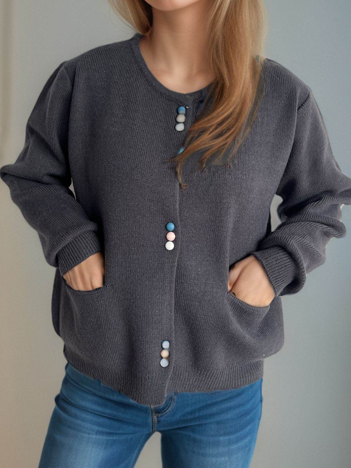 Button Down Long Sleeve Cardigan with Pockets - Delanoir