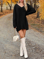 V-Neck Dropped Shoulder Sweater Dress - Delanoir