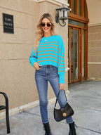 Round Neck Striped Lantern Sleeve Sweater - Delanoir
