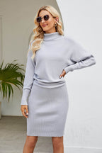 Ribbed Mock Neck Long Sleeve Dress - Delanoir