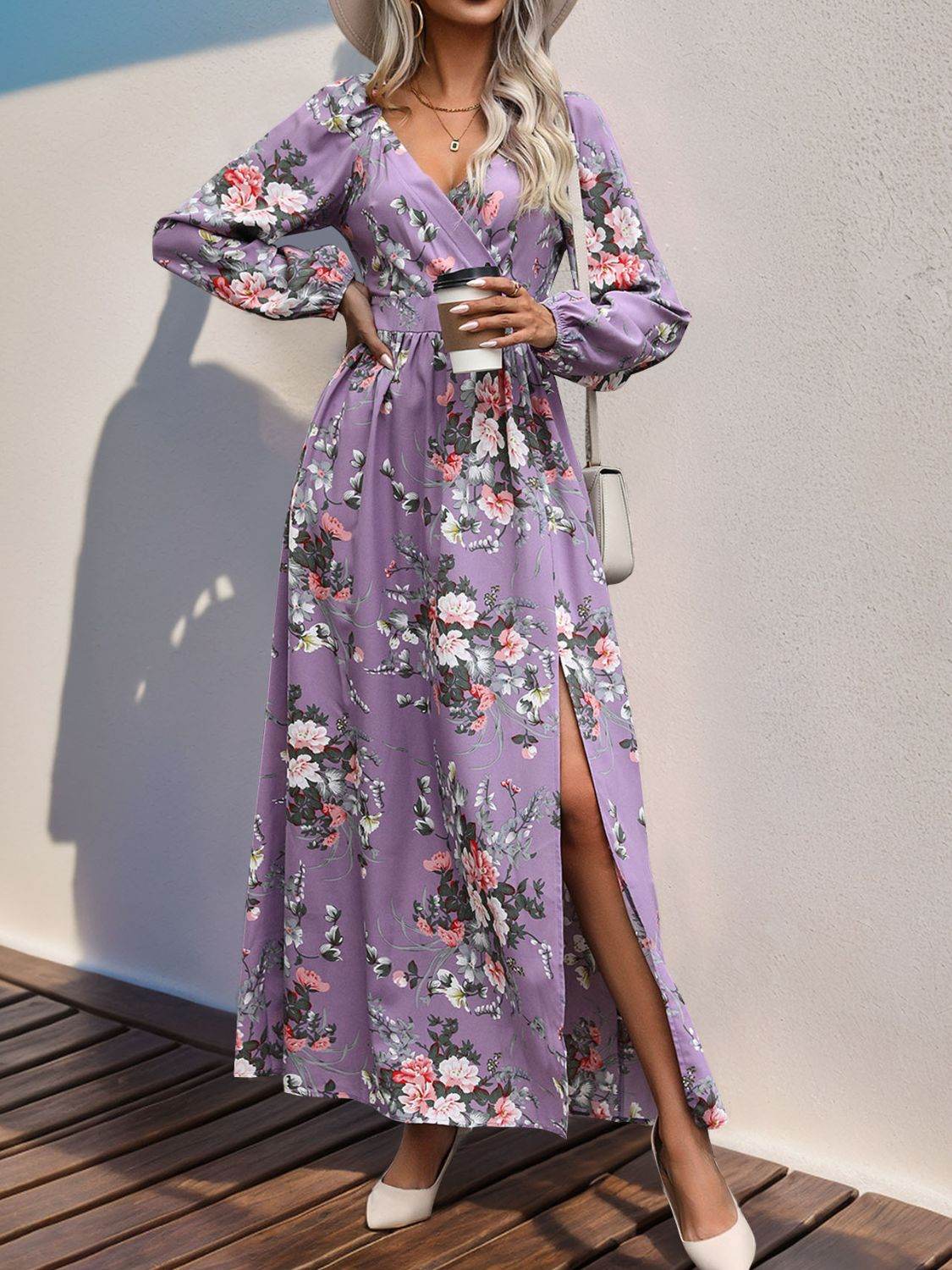 Perfee Slit Printed Surplice Long Sleeve Maxi Dress - Delanoir