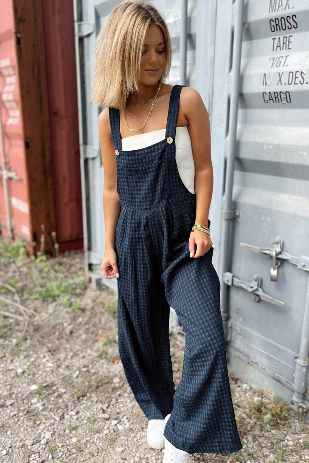 Plaid Wide Strap Wide Leg Overalls - Delanoir