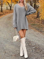 V-Neck Dropped Shoulder Sweater Dress - Delanoir