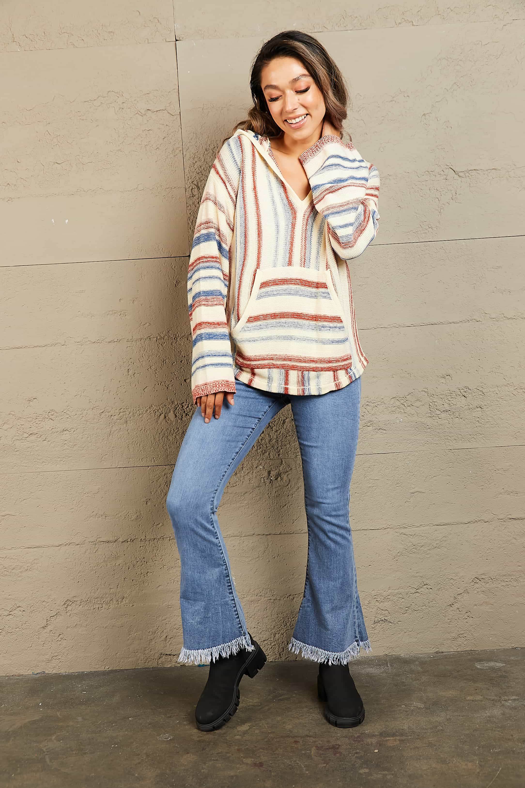 Striped Hooded Sweater with Kangaroo Pocket - Delanoir