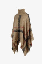 Plaid Turtleneck Raw Hem Poncho - Delanoir