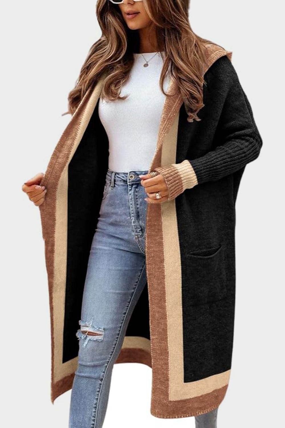 Pocketed Contrast Long Sleeve Hooded Cardigan - Delanoir