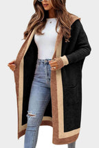 Pocketed Contrast Long Sleeve Hooded Cardigan - Delanoir