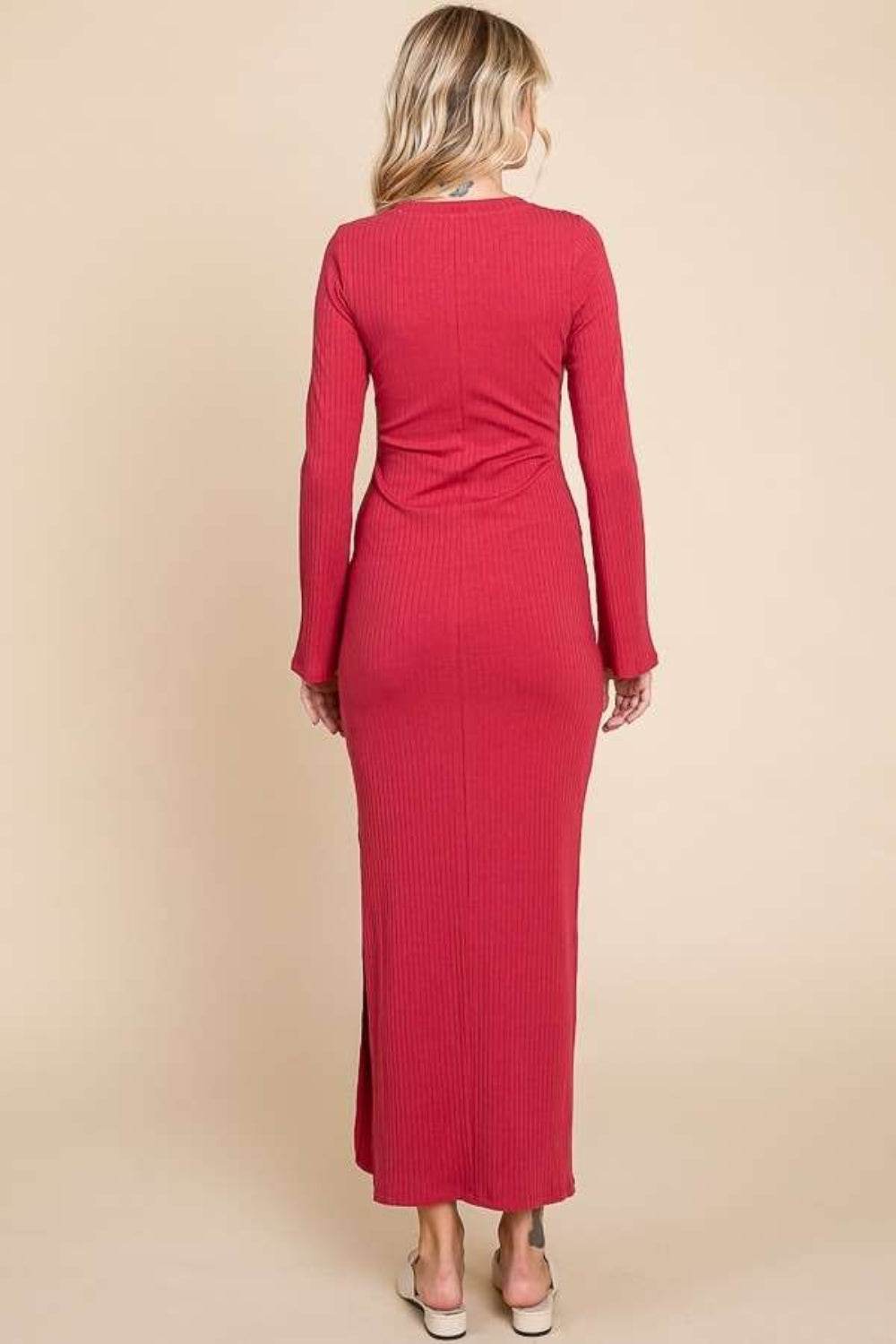 Culture Code Full Size Round Neck Bodycon Bell Maxi Dress - Delanoir