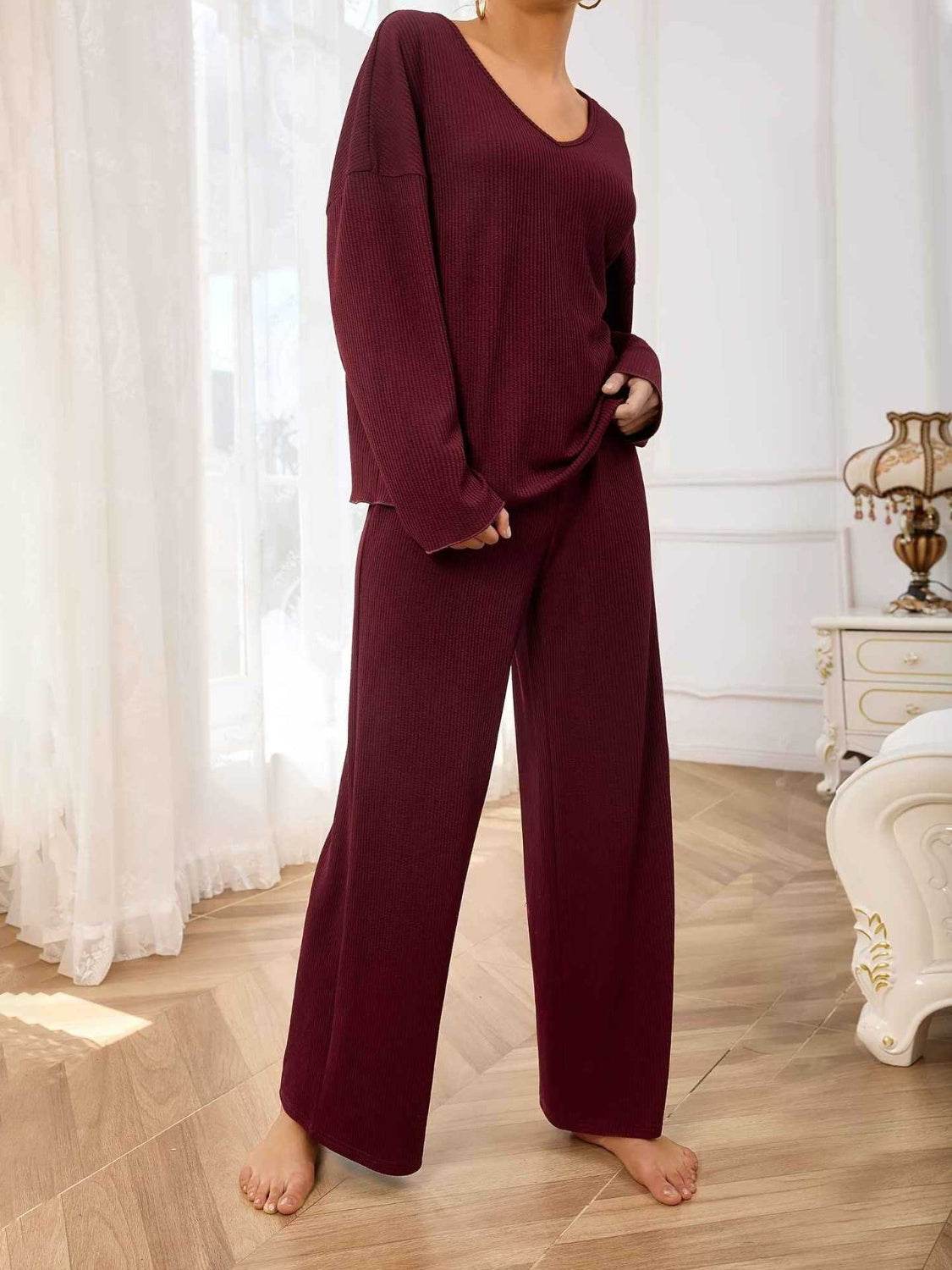 V-Neck Long Sleeve Top and Wide Leg Pants Set - Delanoir