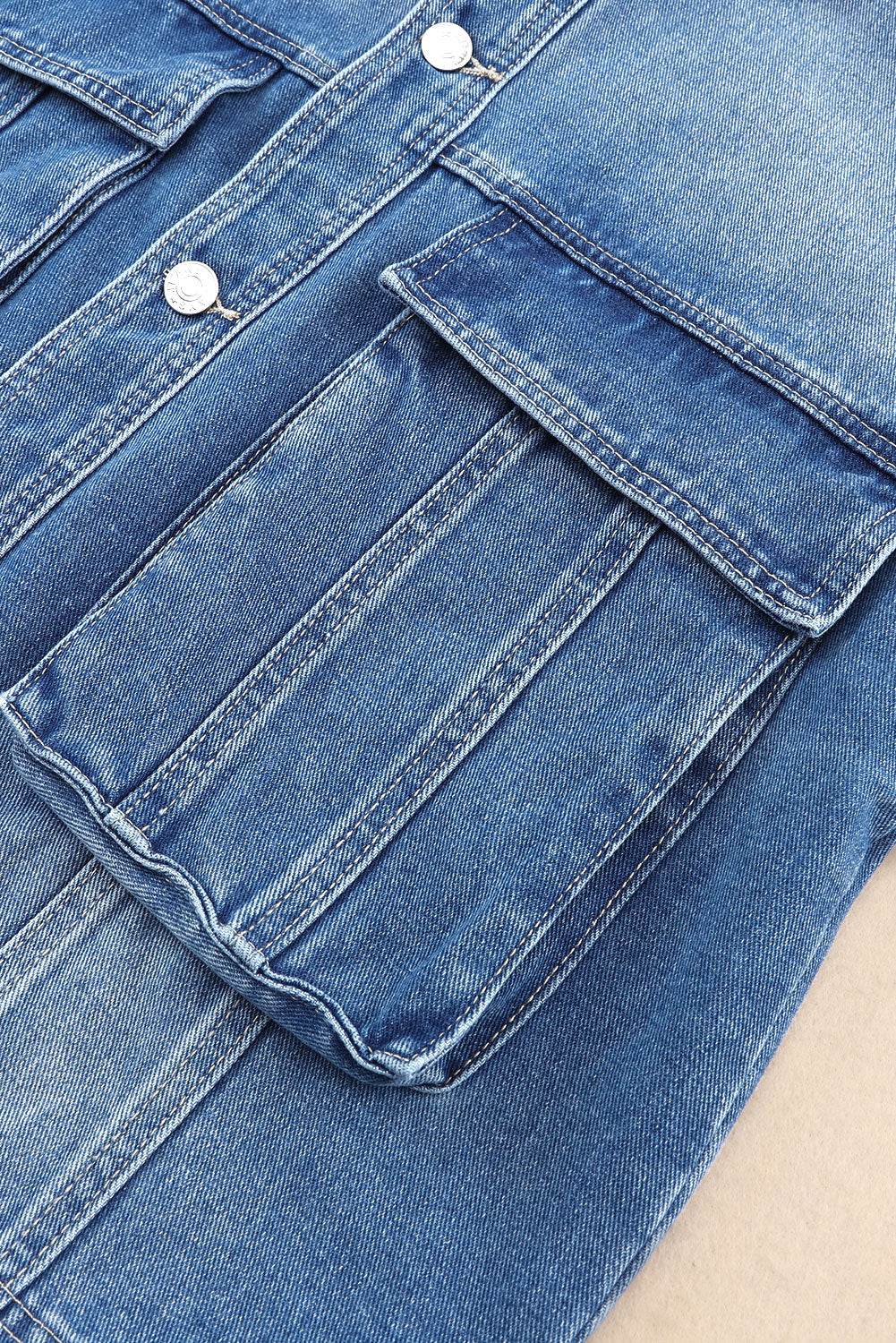 Collared Neck Button Up Denim Jacket - Delanoir