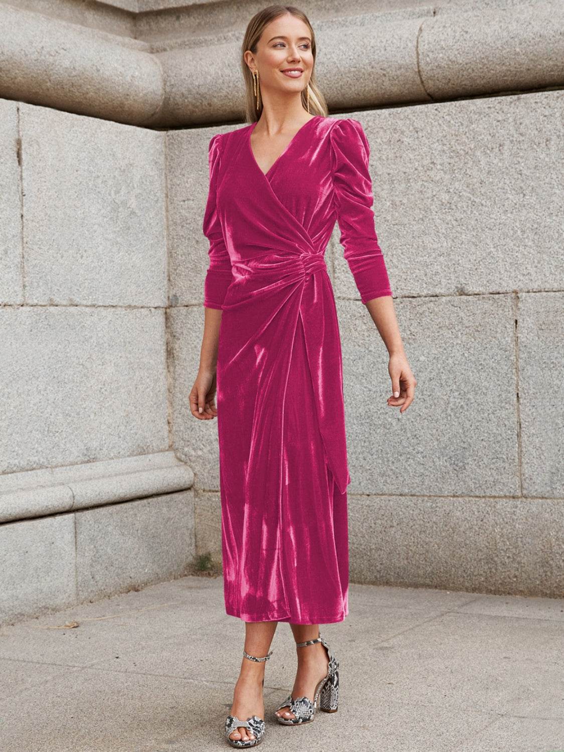 Surplice Puff Sleeve Midi Dress - Delanoir