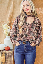 And The Why Choker Neck Dolman Sleeve Snake Print Top - Delanoir