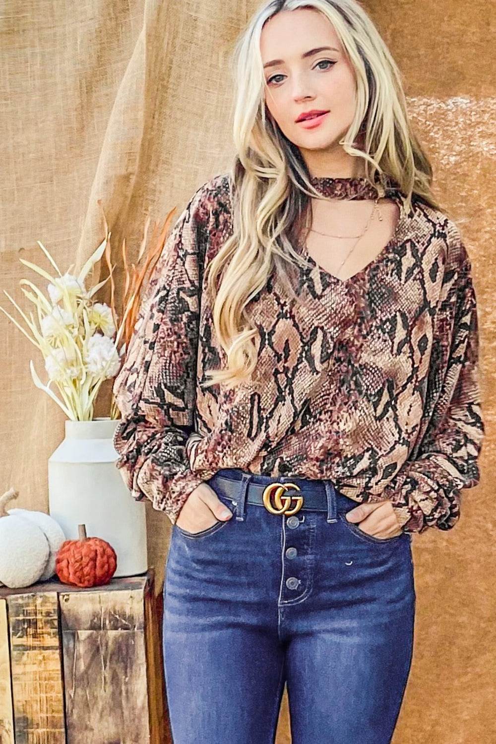 And The Why Choker Neck Dolman Sleeve Snake Print Top - Delanoir
