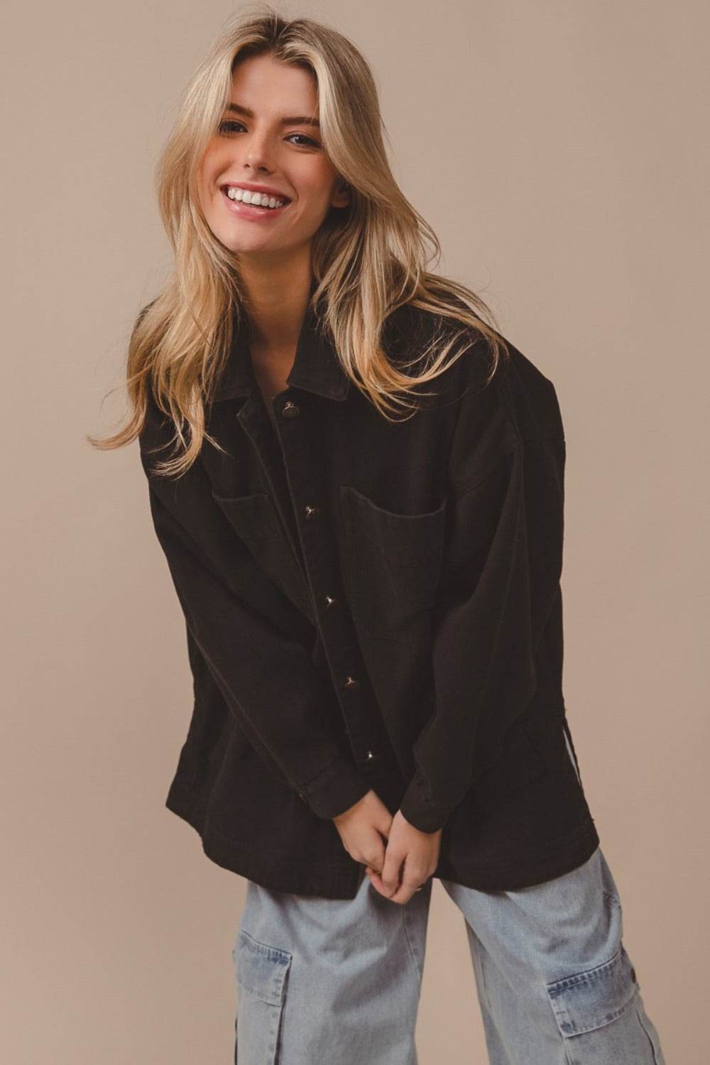 BiBi Button Up Washed Jacket with Pockets - Delanoir