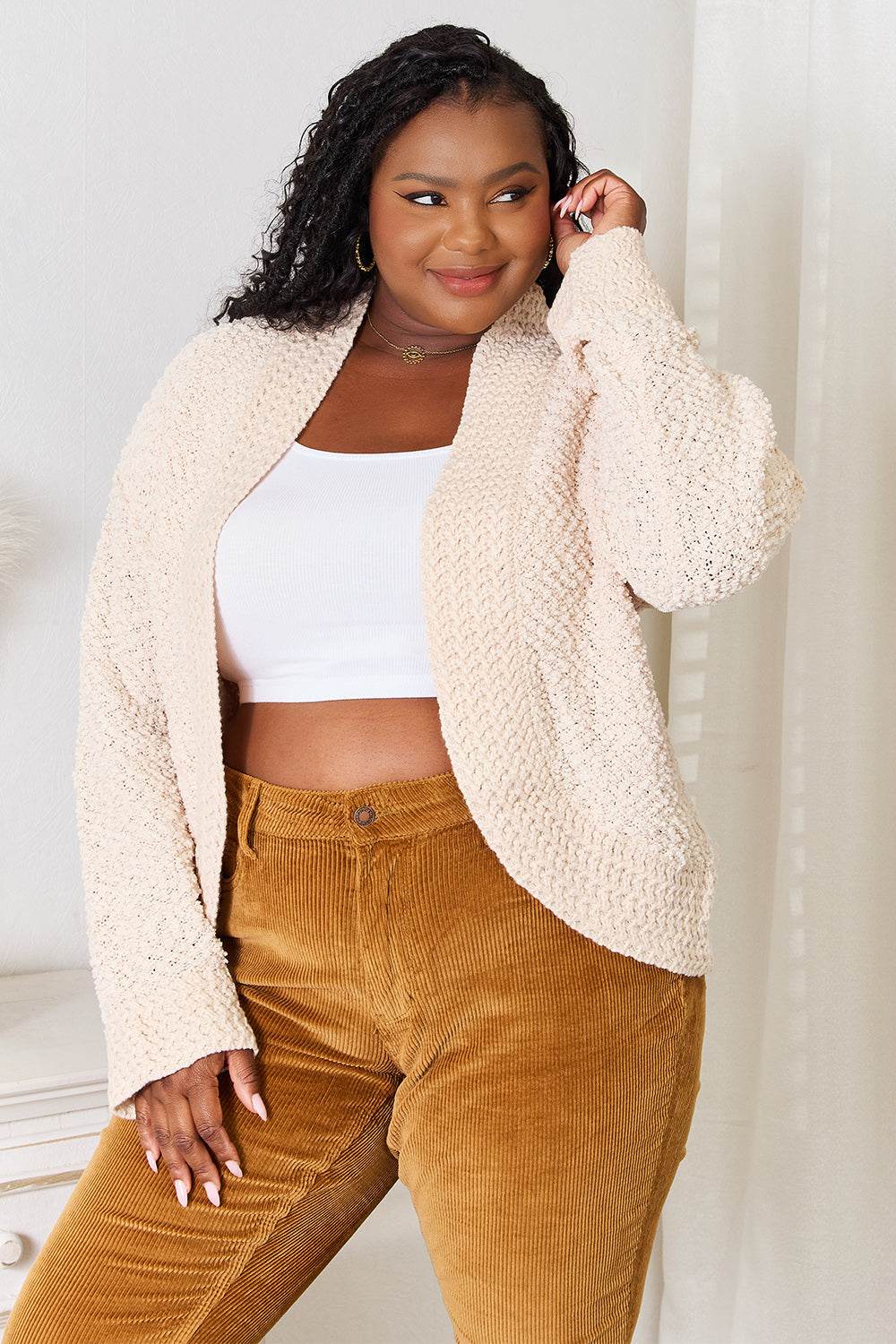 Double Take Open Front Long Sleeve Cardigan - Delanoir
