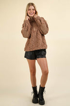 VERY J Fuzzy Fleece Half Zip Cable Pattern Sweatshirt - Delanoir
