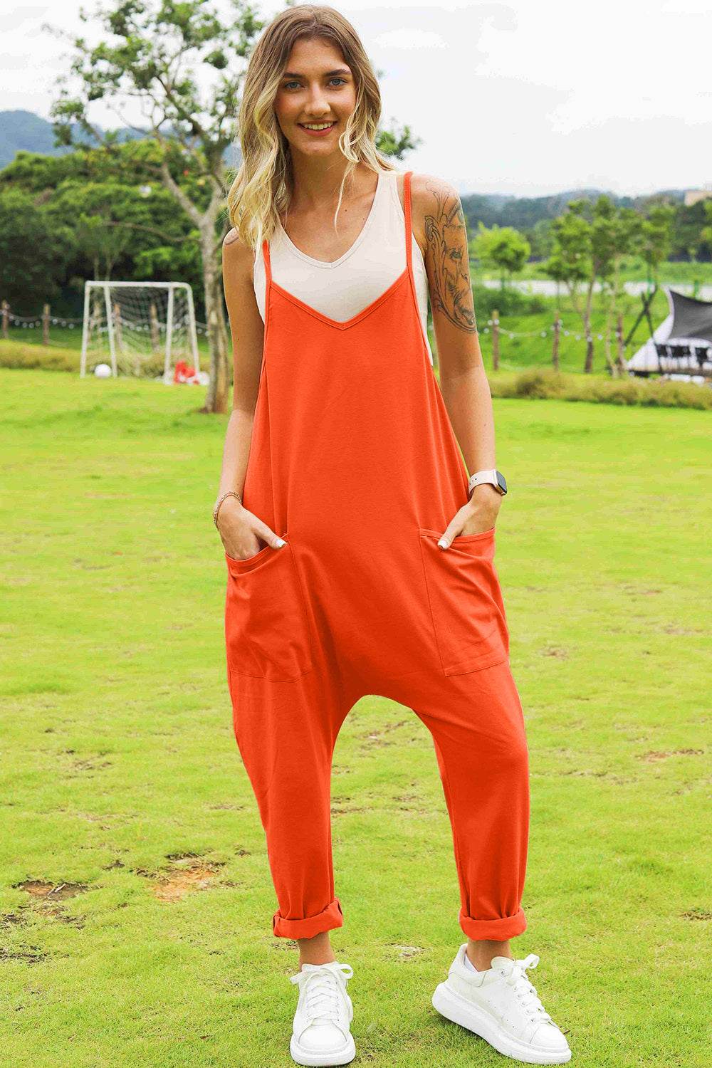 Double Take Full Size Sleeveless V-Neck Pocketed Jumpsuit - Delanoir
