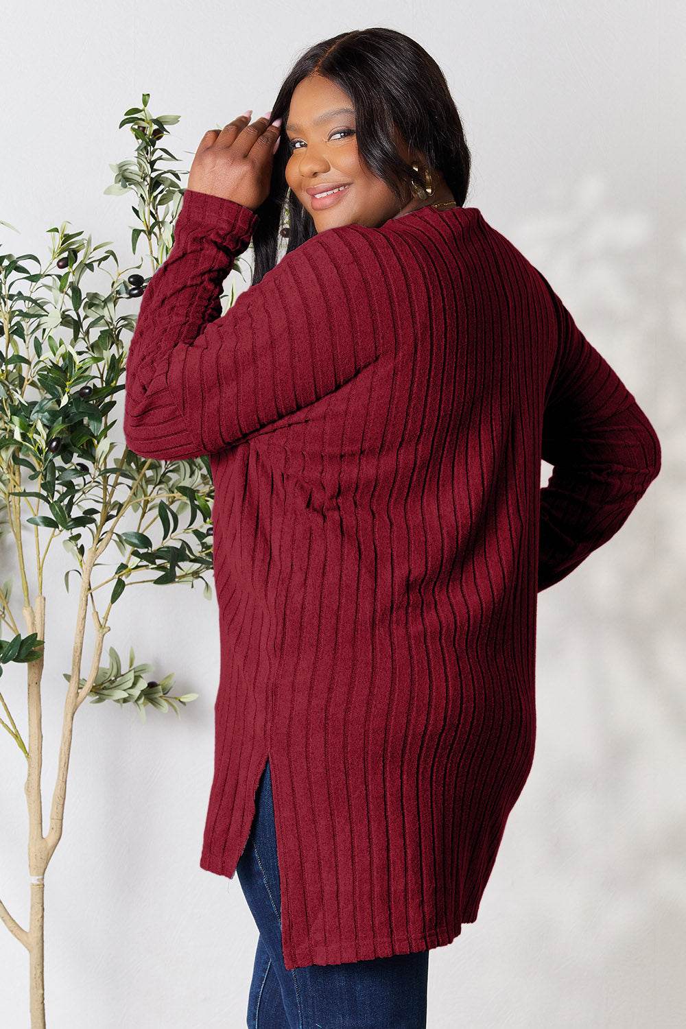 Basic Bae Full Size Ribbed Round Neck Long Sleeve Slit Top - Delanoir