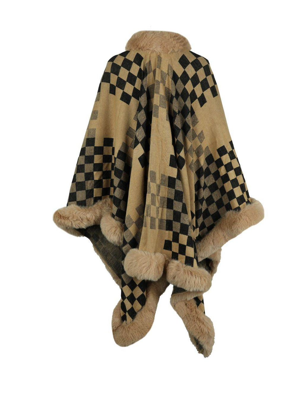 Checkered Faux Fur Trim Poncho - Delanoir