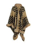 Checkered Faux Fur Trim Poncho - Delanoir
