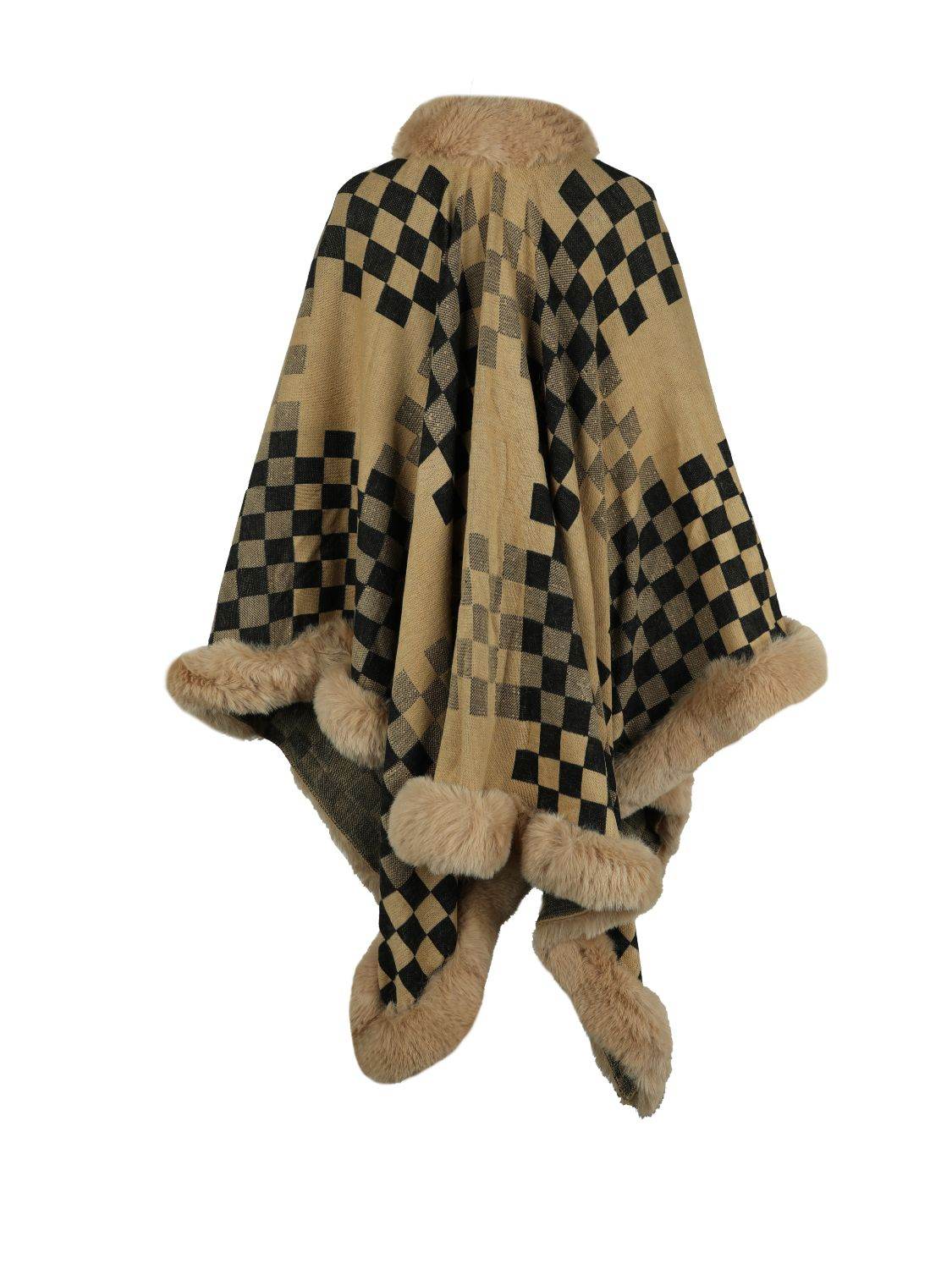 Checkered Faux Fur Trim Poncho - Delanoir