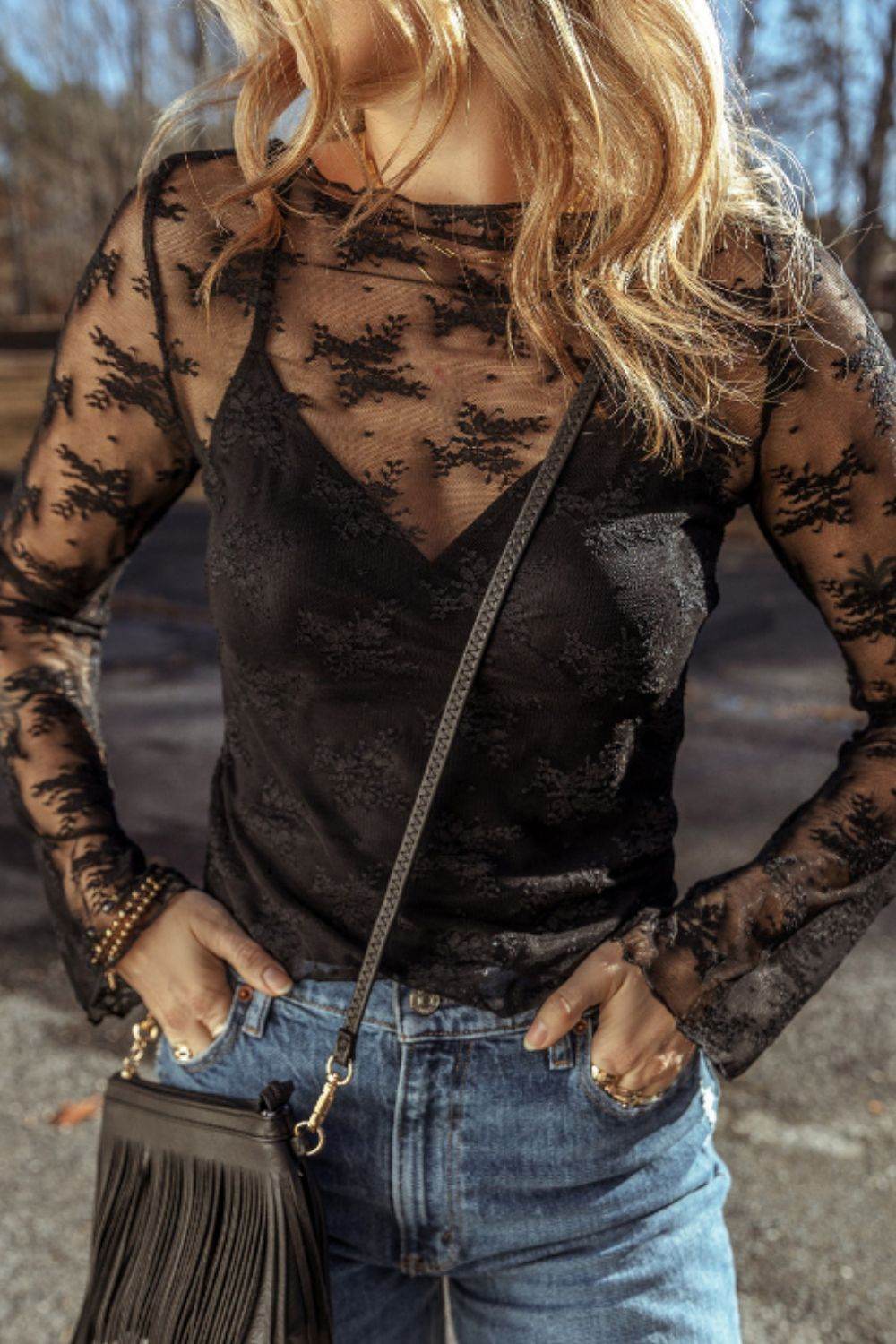 Surplice Cami and Lace Long Sleeve Cover Up Set - Delanoir