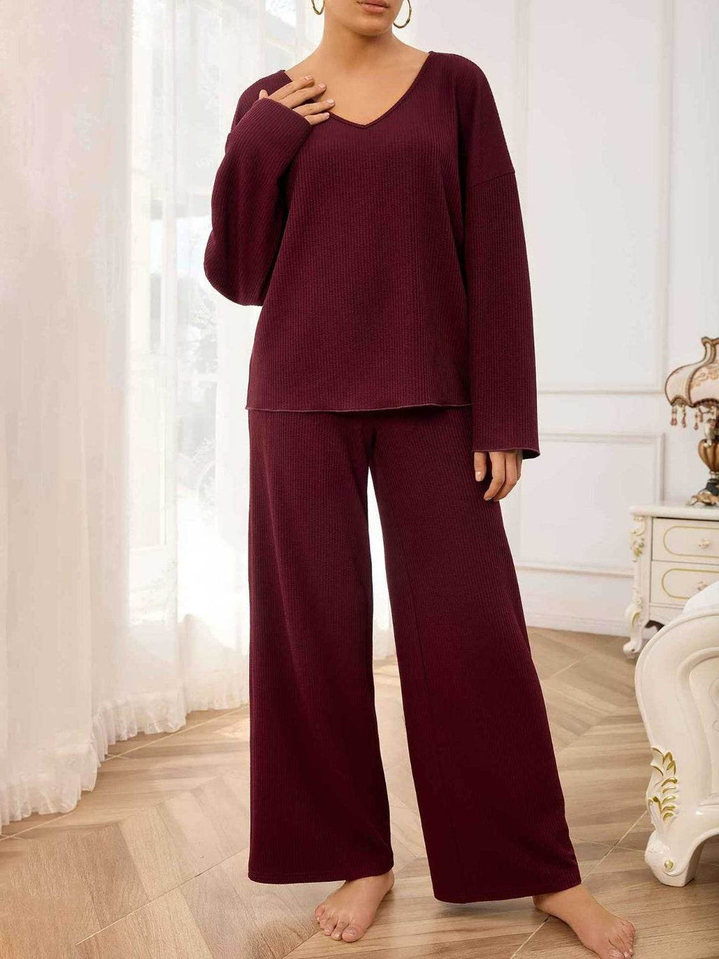 V-Neck Long Sleeve Top and Wide Leg Pants Set - Delanoir
