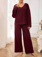 V-Neck Long Sleeve Top and Wide Leg Pants Set - Delanoir