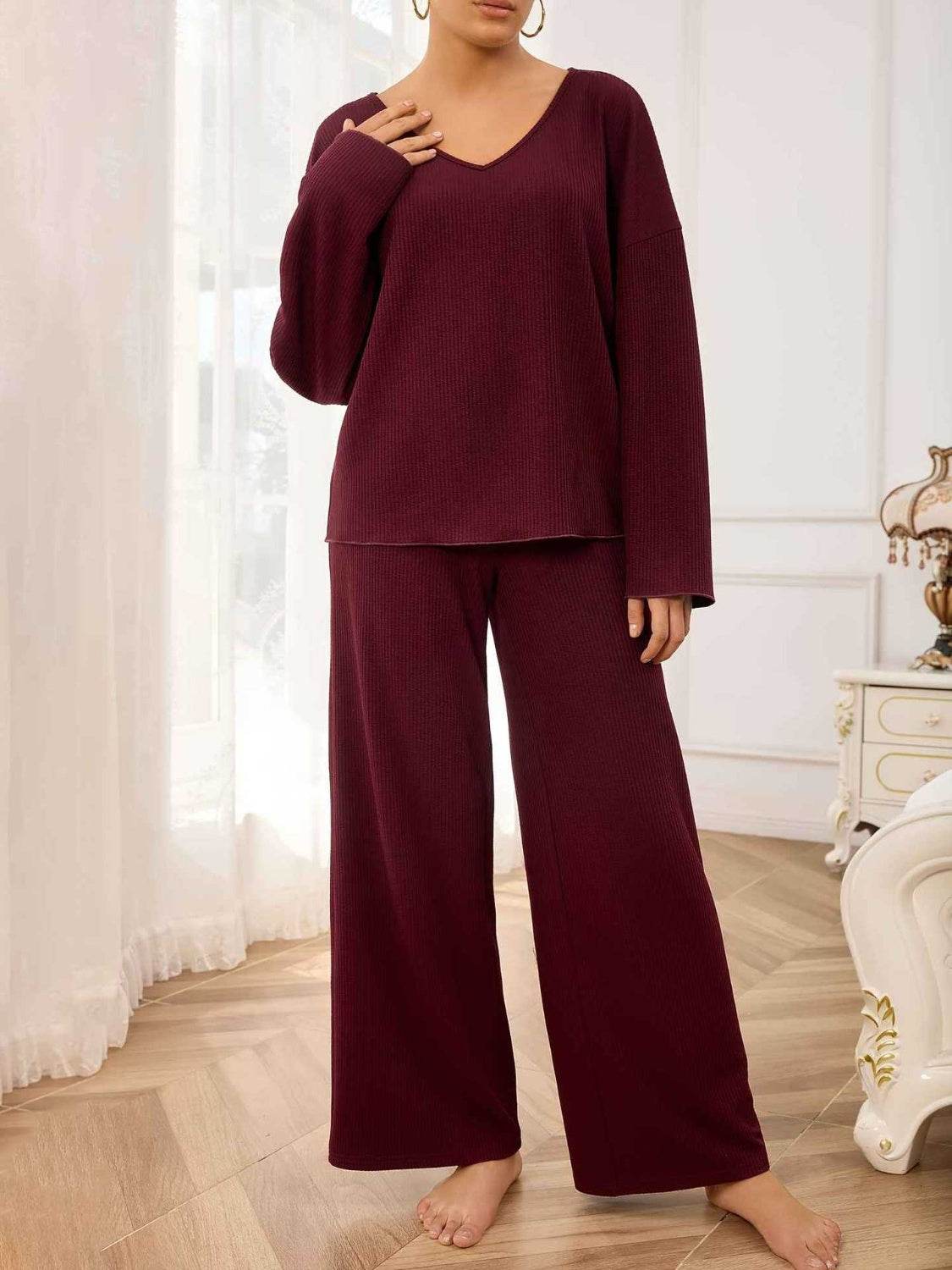 V-Neck Long Sleeve Top and Wide Leg Pants Set - Delanoir