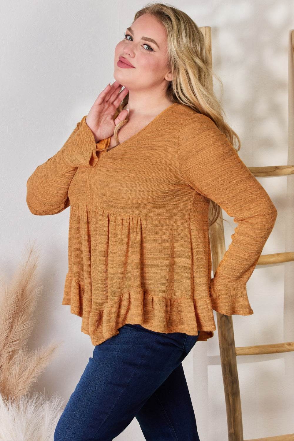 Hailey & Co Full Size V-Neck Flounce Sleeve Blouse - Delanoir