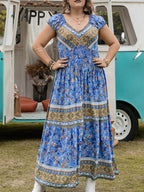 Plus Size Smocked Printed Cap Sleeve Dress - Delanoir