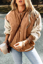 Contrast Baseball Collar Snap Down Long Sleeve Jacket - Delanoir